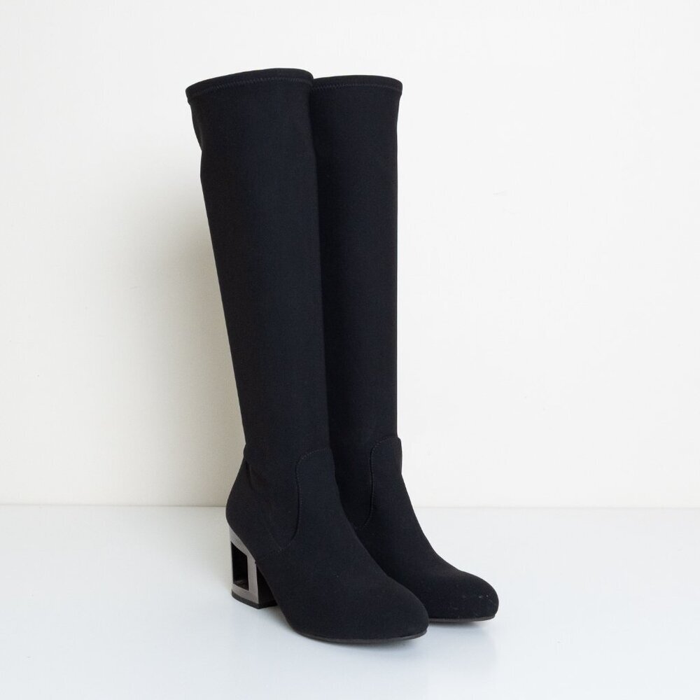 Pedro Miralles Black Sock Knee Boots Metal Cut-Out Heel EU 38 - Picture 4 of 12